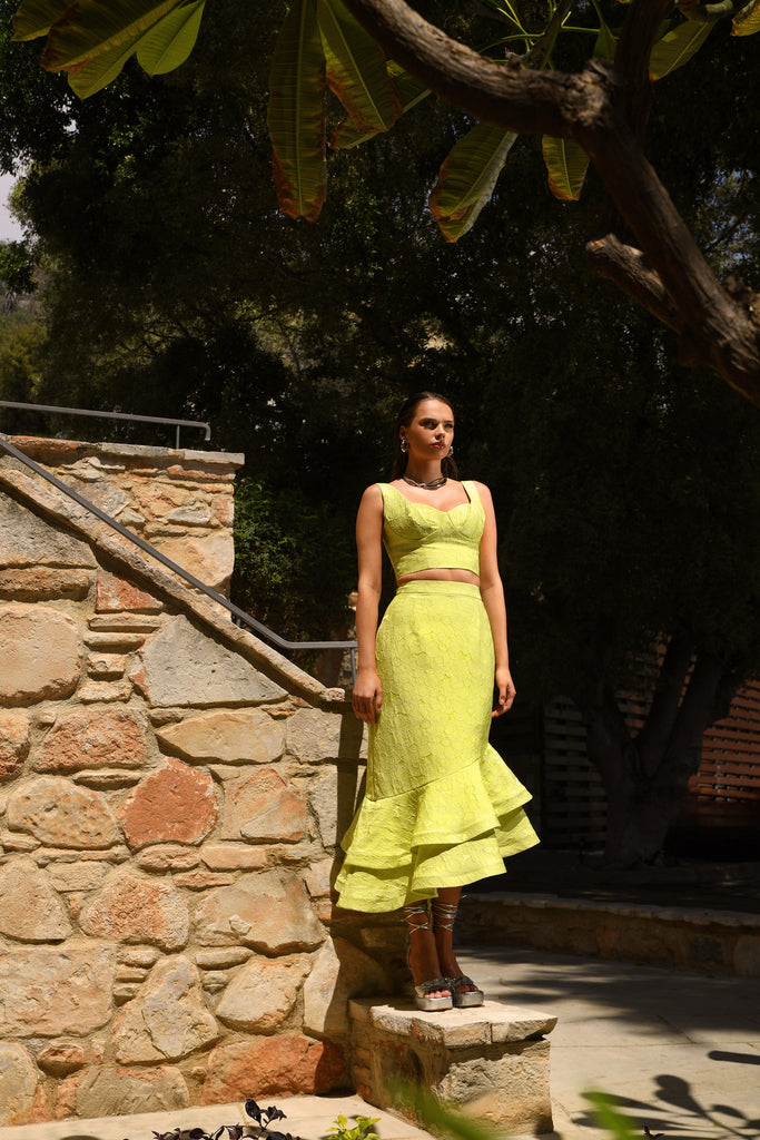JOANNA ECONOMOU DESIGNS, @joannaeconomoudesigns fashion designer resort and luxury wear occasion jacquard set Amy colour lime hue Cyprus island