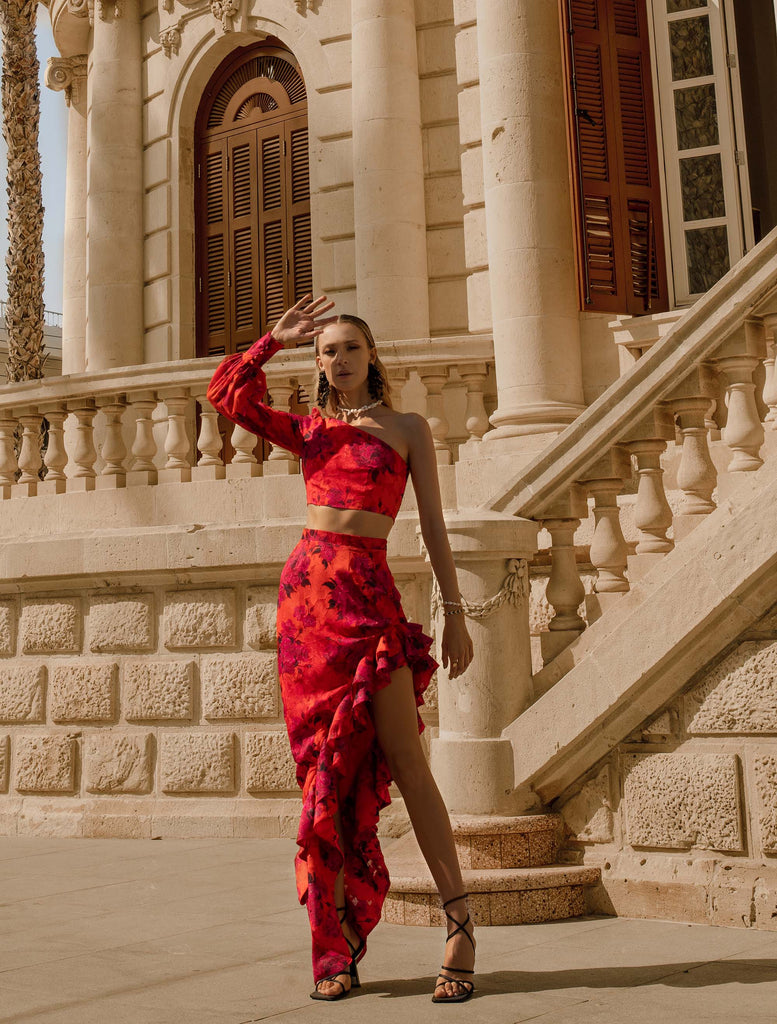 JOANNA ECONOMOU DESIGNS, @joannaeconomoudesigns fashion designer resort and luxury wear occasion summer romantic set Aroha colour red warmer season Cyprus island