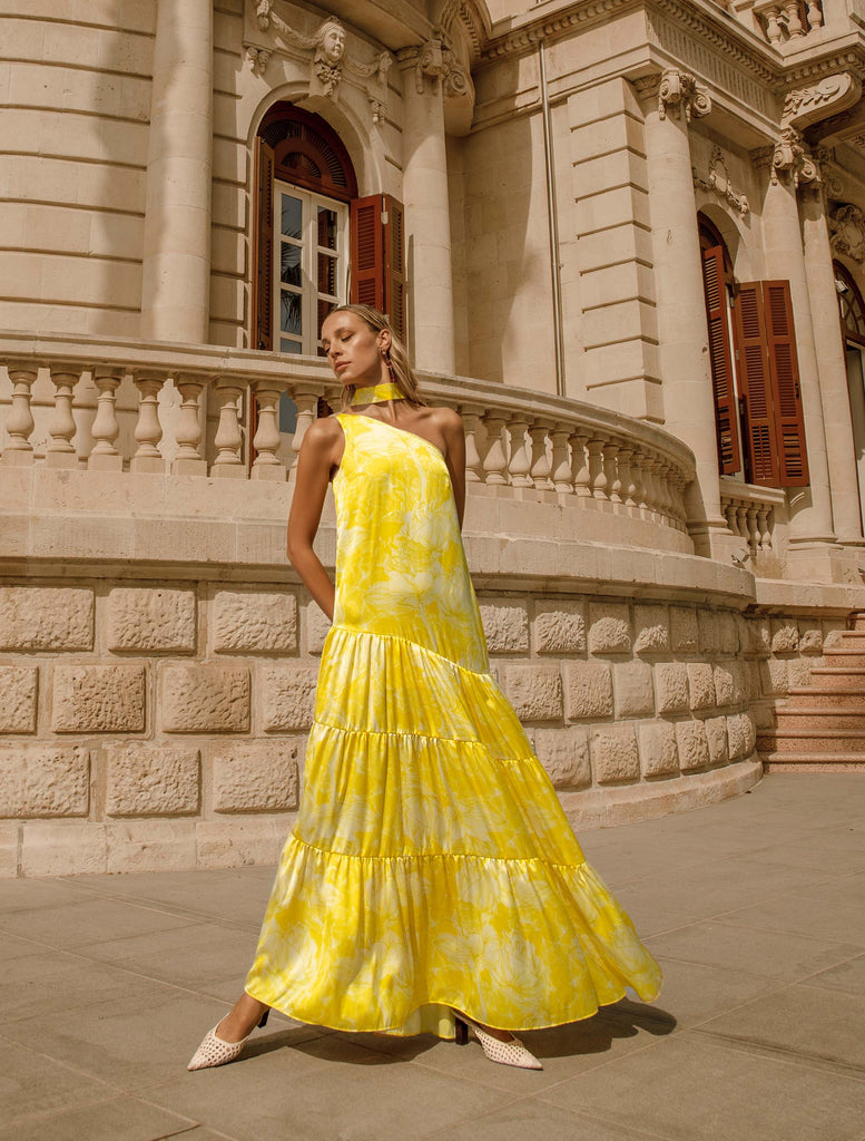 JOANNA ECONOMOU DESIGNS, @joannaeconomoudesigns fashion designer resort and luxury wear occasion summer maxi dress Soare colour yellow warmer season Cyprus island