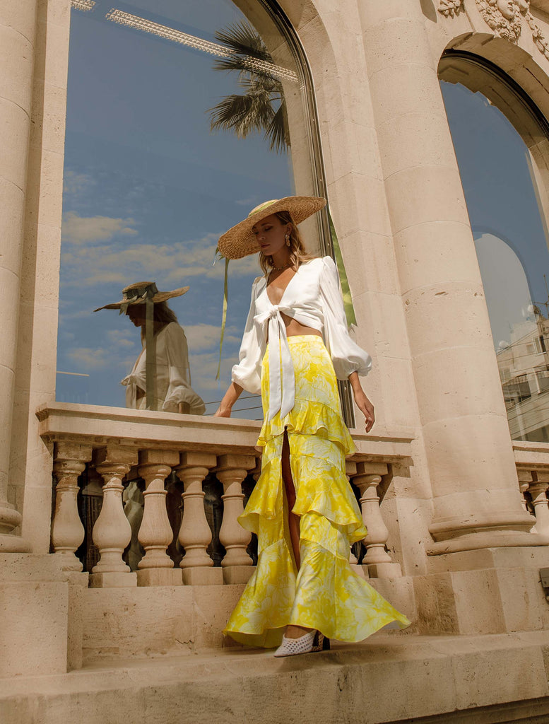 JOANNA ECONOMOU DESIGNS, @joannaeconomoudesigns fashion designer resort and luxury wear occasion summer floral maxi skirt Solis colour yellow warmer season Cyprus island