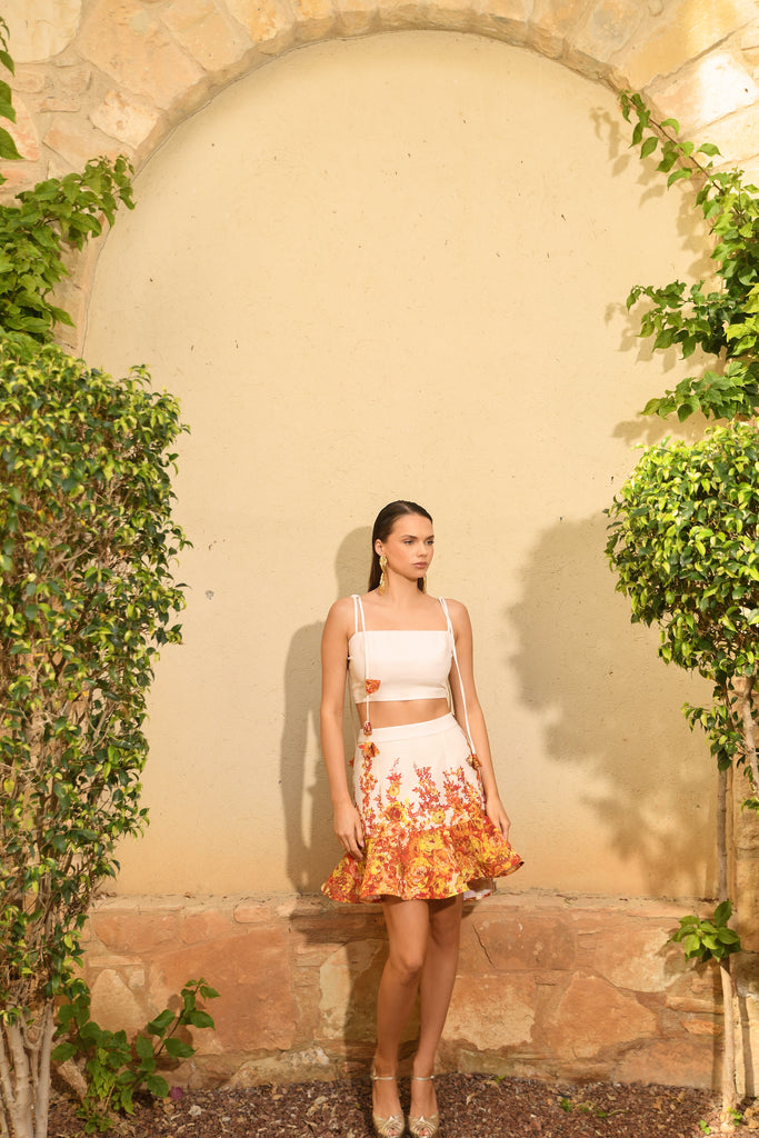 JOANNA ECONOMOU DESIGNS, @joannaeconomoudesigns fashion designer resort and luxury wear occasion linen set Alicia colour white fiery flowers print Cyprus island
