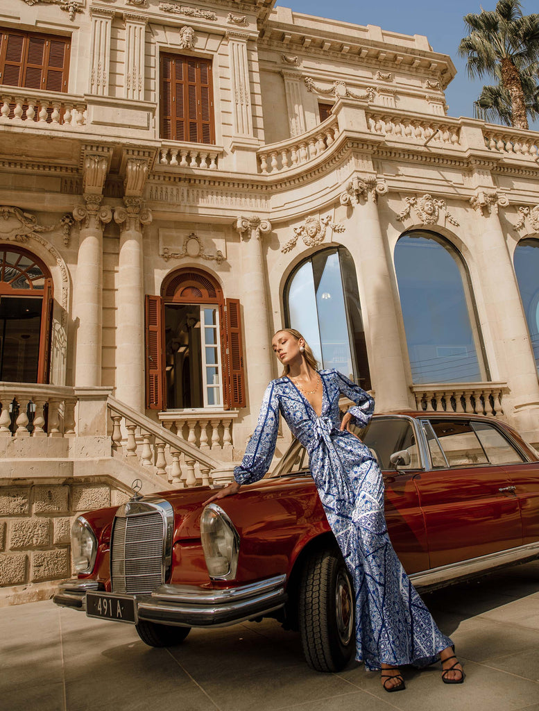 JOANNA ECONOMOU DESIGNS, @joannaeconomoudesigns fashion designer resort and luxury wear occasion summer bohemian maxi dress Cielo colour sky motifs warmer season Cyprus island